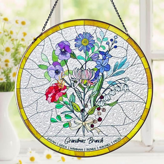 Personalized Grandma Stained Glass Sun Catcher, Custom Birth Month Flower Stained Glass, Grandma's Garden Suncatcher Window Hanging Ornament, Mothers Day Grandma Mom Gifts, Gifts for Nana Mimi 1