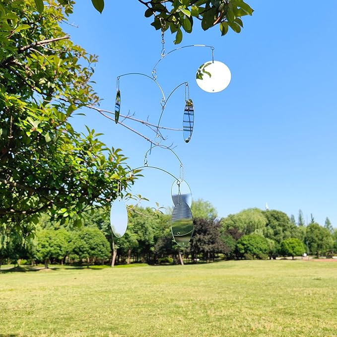 DIY Hanging Mirror Outdoor Mobile, Reflective Garden Decor, Wind-Chime Style Bird Deflector (FL-YKL-6CIRCLE)
