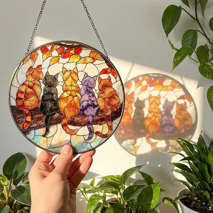 5 Cats on a Branch Stained Glass Window Hanging – Cute Sun Catchers Indoor Window Décor, Suncatchers for Windows Hanging with Warm Light Effect, Lovely Stained Glass Suncatcher for Home & Gift