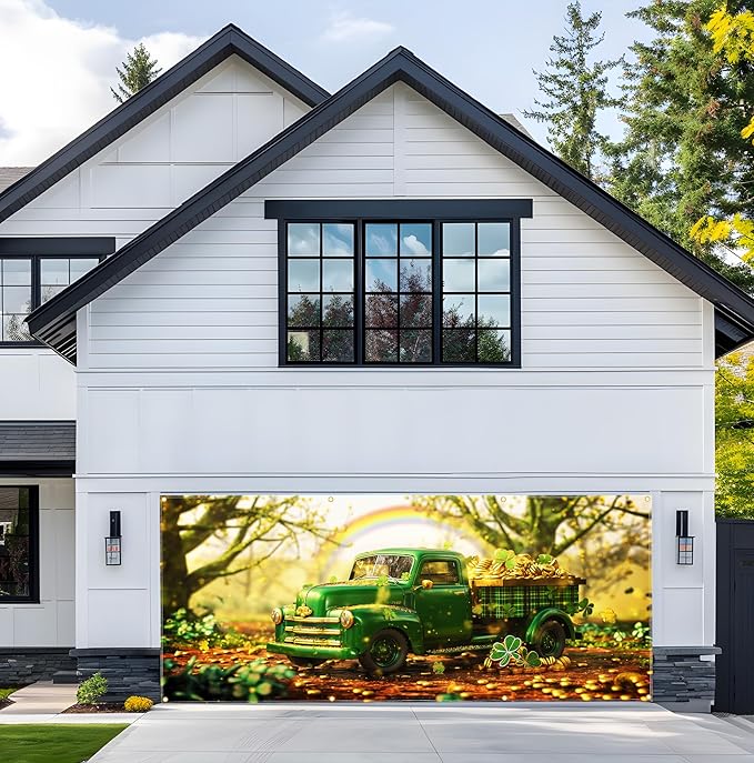 St Patricks Day Garage Door Banner 157.5x70.9in Large Garage Door Cover Outdoor Decorations Green Truck Shamrock Holiday Backdrop with 8 Grommets & 393.7in Rope