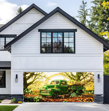 St Patricks Day Garage Door Banner 157.5x70.9in Large Garage Door Cover Outdoor Decorations Green Truck Shamrock Holiday Backdrop with 8 Grommets & 393.7in Rope