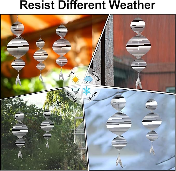 Wind Spinners, 2× 3D Stainless Steel Outdoor Hanging Wind Spinner, 2× Metal Pendants and 3× 360° Rotating Hooks with Wirerope, Reflective Decor for Outside Yard and Garden (2 Pack) (Helix-Like)
