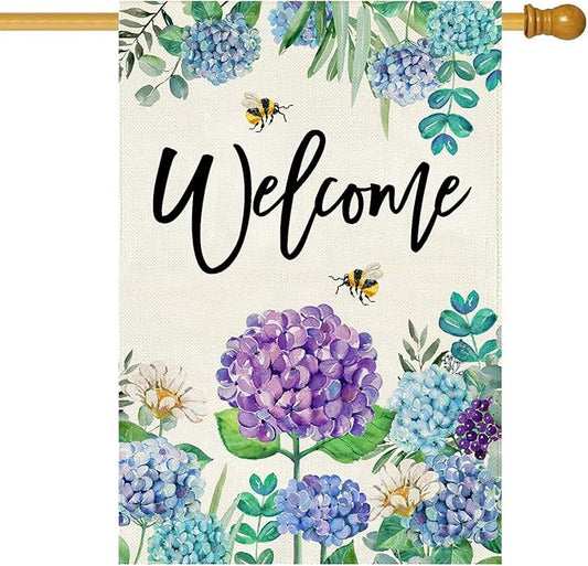 Baccessor Spring Hydrangea House Flag Double Sided 28x40 Inch, Purple Blue Flower Floral Welcome Garden Flag Burlap Vertical Seasonal Farmhouse Yard Outdoor Decoration (Large)