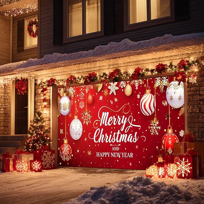 HOMETITUTE 13x6ft Christmas Garage Door Cover Merry Christmas and Happy New Year Backdrop Holiday Party Decorations Indoor Outdoor Wall Background Decor Festive Red Gold Ornament Scene Display