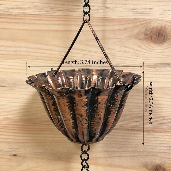 Decorative Rain Chain with Grooved Cups and Bird-Shaped Pendants, Brass-Finish, Outdoor Downspout Alternative (Brass)