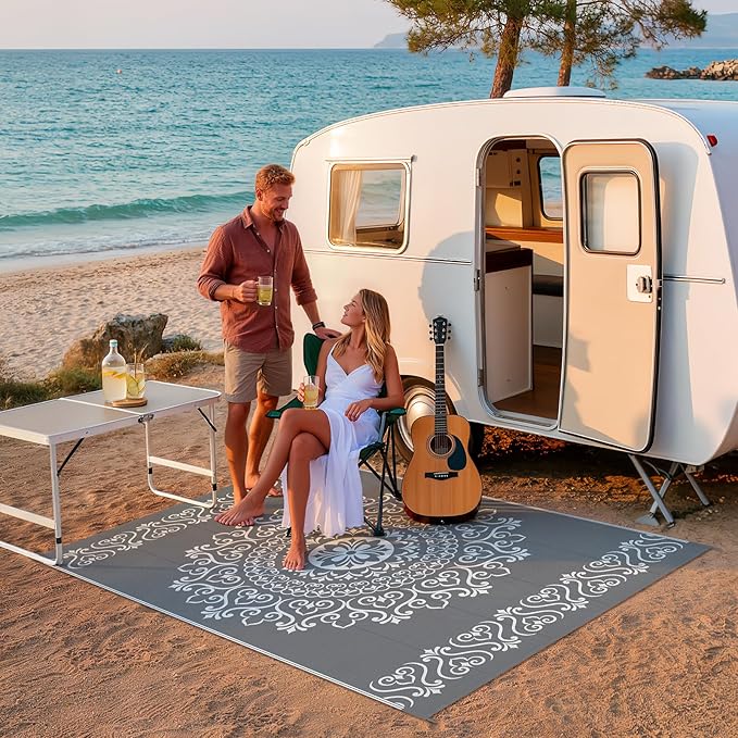 Pauwer Waterproof Outdoor Rug 6x9, Reversible Plastic Straw Patio Camping Rug, Indoor Outdoor RV Mat Carpet for Deck, Camper, Porch, Balcony, Backyard, Picnic, Floral Grey