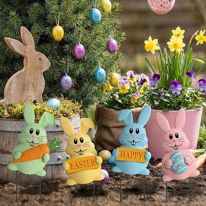 Qunclay Set of 4 Metal Easter Bunny Yard Signs Cute Rabbit Garden Stakes 13.4 Inch Colorful Bunny Yard Decorations in Pink Blue Yellow Green Easter Party Spring Outdoor Lawn Front Door Home Decor