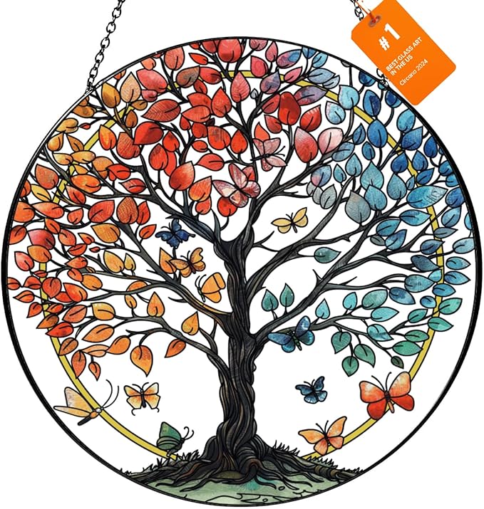 Stained Glass Sun Catcher for Windows Hanging - Handmade Tree of Life Window Decor for Women, Mom, Indoor/Outdoor Suncatchers for Home Garden, Christmas Wedding Housewarming Gift (6.31x6.31In)