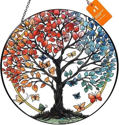 Stained Glass Sun Catcher for Windows Hanging - Handmade Tree of Life Window Decor for Women, Mom, Indoor/Outdoor Suncatchers for Home Garden, Christmas Wedding Housewarming Gift (6.31x6.31In)