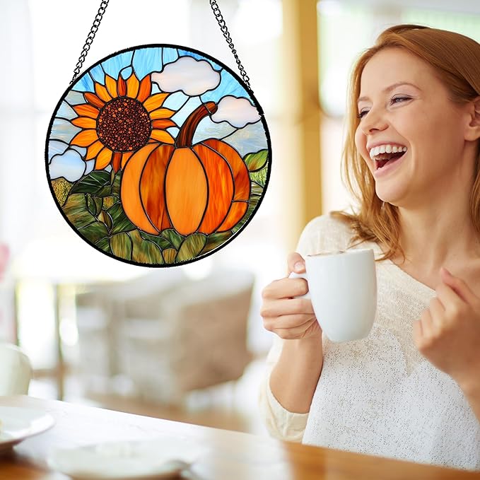 DASTOLL Stained Glass Window Hanging Fall Farm Scenery Sunflower Pumpkin Large 11.8" - Suncatcher Door Garden Kitchen Sunroom Sun Catcher Home Decor Birthday for Mom Grandma Men Woman