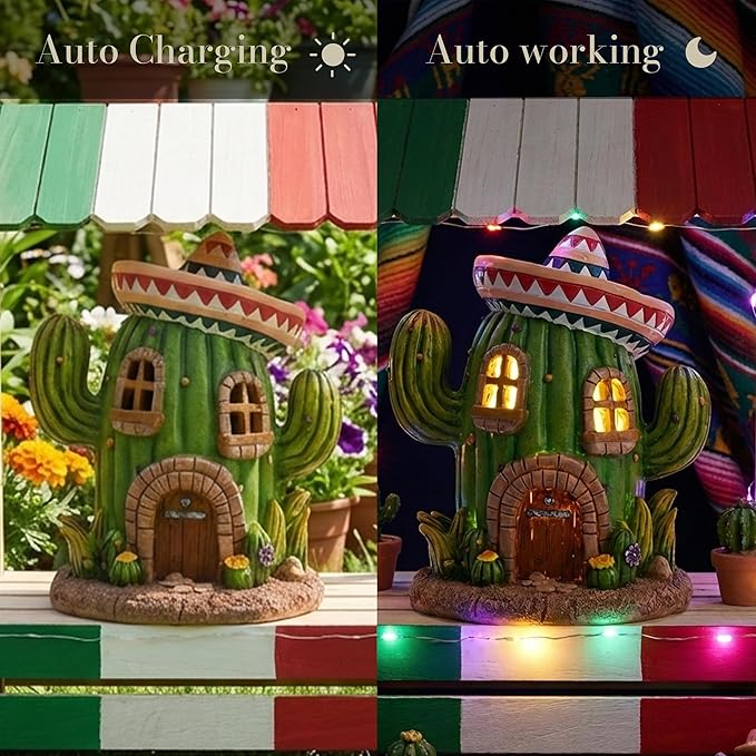 TERESA'S COLLECTIONS Garden Decor, Cactus Fairy House Cinco de Mayo Decor, Waterproof Resin Garden Statue, Cinco de Mayo Gift, Garden Gift, Indoor/Outdoor, 7.5"