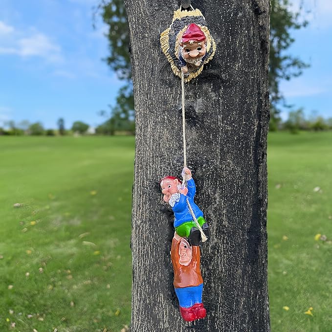 Teaeeno Gnome Climbing Tree and Tree Stump Decor,Garden Gnome Statue Set,Vivid Fairy Gnome Outdoor Sculpture,Whimsical Gnomes Miniature Figurines,Micro Gnome Landscape Figurine for Lawn Balcony Patio