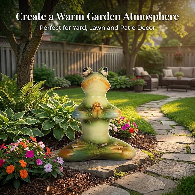 Topadorn Ceramic Yoga Frog Statue, Frog Sitting Sculptures for Office, Garden Decorative Ornaments