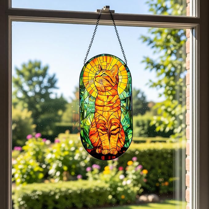 Stained Glass Window Hanging - Oval Orange Cat Sun Catcher, Suncatchers Ornaments Decor for Indoor Cling Garden, Birthday Gifts for Women Men Mom Wife Home Art Decor 7.8in