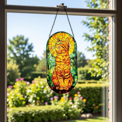 Stained Glass Window Hanging - Oval Orange Cat Sun Catcher, Suncatchers Ornaments Decor for Indoor Cling Garden, Birthday Gifts for Women Men Mom Wife Home Art Decor 7.8in