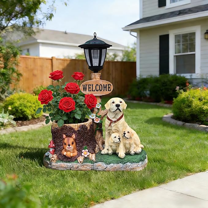 20" Solar Labrador Garden Statue with Welcome Sign & Planter - Large Dog Sculpture with LED Street Lantern - Weatherproof Resin Decorative Flower Pot for Porch, Yard & Patio - Pet Lover Gift