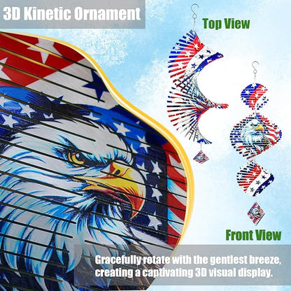 Silver American Flag Eagle Patriotic Helix Metal Wind Spinners for Yard and Garden,12 Inch 3D Stainless Steel Hanging Kinetic Yard Art Wind Sculpture Independence Day Decor