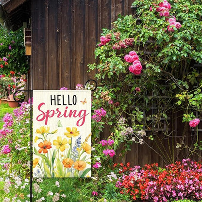 Hello Spring Garden Flag for Outside,Yellow Floral Garden Flag,Spring Flowers Yard Lawn Porch Flags for Outdoor Decorations 12x18 Inch Double Sided