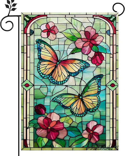 Spring Summer Butterfly Garden Flag 12x18 Inch Double Sided, Stained Glass Floral Butterfly Yard Flag, Colorful Flower Outdoor Lawn Patio Porch Farmhouse Garden Decor