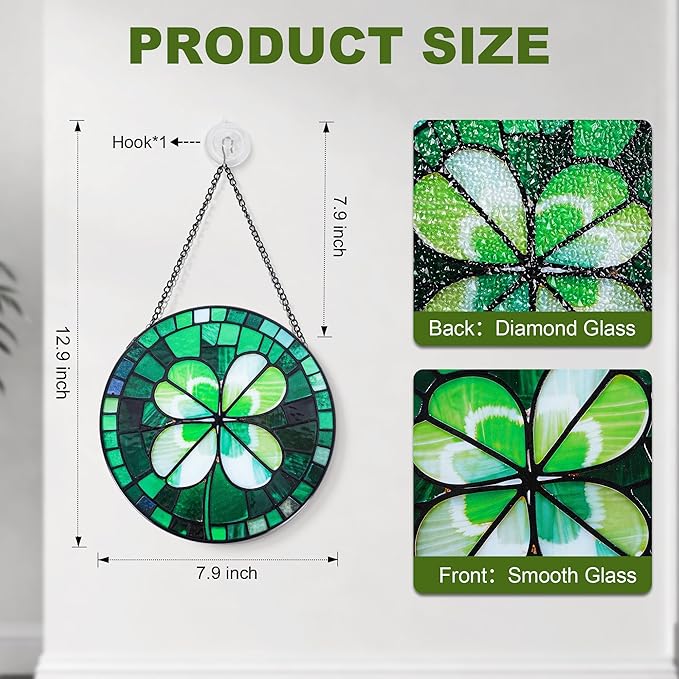 Stained Glass Window Hanging, Green Four Leaf Clover Suncatcher 7.8 in Sun Catcher Boho Wall Art Decor with Chain Diamond Glass Panel Hangings Scenery Sun Catchers Decor for Lover Couple Mom