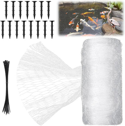Koi Pond Netting Kit 14 x 14ft, Bird Deer Fence Netting, Durable Net Cover for Leaves, Heavy Duty Fine Mesh, Protect Fish from Birds, Cats & Predators, 15pcs Stakes & Ties Included(White)