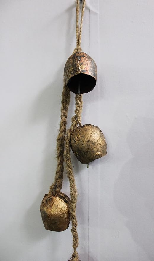 Mango Gifts Rustic Iron Barn Bell Wind Chimes with Rope, 4 Vintage Shabby Chic Hanging Bells for Boho Farmhouse Home Decor AMD Decorative Metal Wind Chime for Porch, Patio & Garden – 45 cm Height