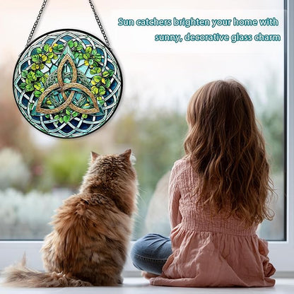 Celtic Knot Stained Glass Window Hanging, Suncatcher Diamond Glass Panel Hangings, Sun Catchers Indoor Windows Wall Art Decoration, Christmas Decor for Home Office Garden Green 7.87 inches