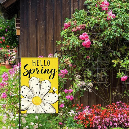 Hello Spring Garden Flags for Outside,Bee Daisy Spring Garden Flag Yard Lawn Porch Flags for Outdoor Decorations 12x18 Inch Double Sided