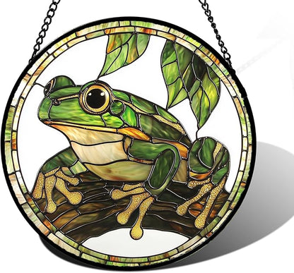 DASTOLL Stained Glass Window Hanging, Frog Green Leaf Sun Catchers Colorful Glass Panel Cool Suncatcher Decor for Birthday for Women, Men, Wife, Aunt, and Mom 6.3 in
