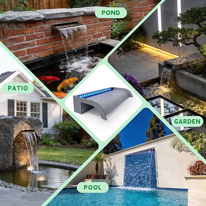 Pool Fountain, LONGRUN Waterfall Spillway for Koi Ponds - 35.4" Transparent Acrylic Waterfall for Swimming Pool, Garden Pond, Patios, Spa Decoration