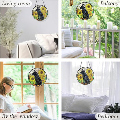 kdqua German Shepherd Sunflower Suncatcher Stained Glass Window Hanging, German Shepherd Gifts Sun Catchers Indoor Window Glass Round Wall Decor, Dog Wall Art Hanging Decorations Statues, 7.9x7.9in