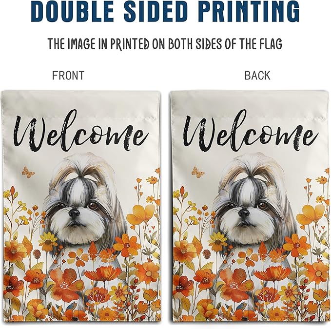 Shih Tzu Fall Garden Flag Autumn Dog Yard Sign Orange Floral Thanksgiving Outdoor Banners for Outside 12x18 Double Sided Small Wild Flower Lawn Decorations