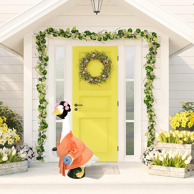 Porch Goose Statue Outfits Set Porch Goose Clothes with Wide Hat Costumes for 23" Plastic Statue Patio Yard Garden Lawn Outdoor Decoration(Orange,Coffee Cup)
