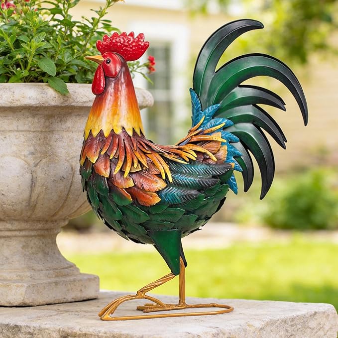Ratuor Metal Rooster Decor Garden Statue,Chicken Yard Art Decoration Outdoor Sculpture for Backyard Patio Kitchen Lawn Ornaments,Birthday Housewarming Gifts for Women Mom