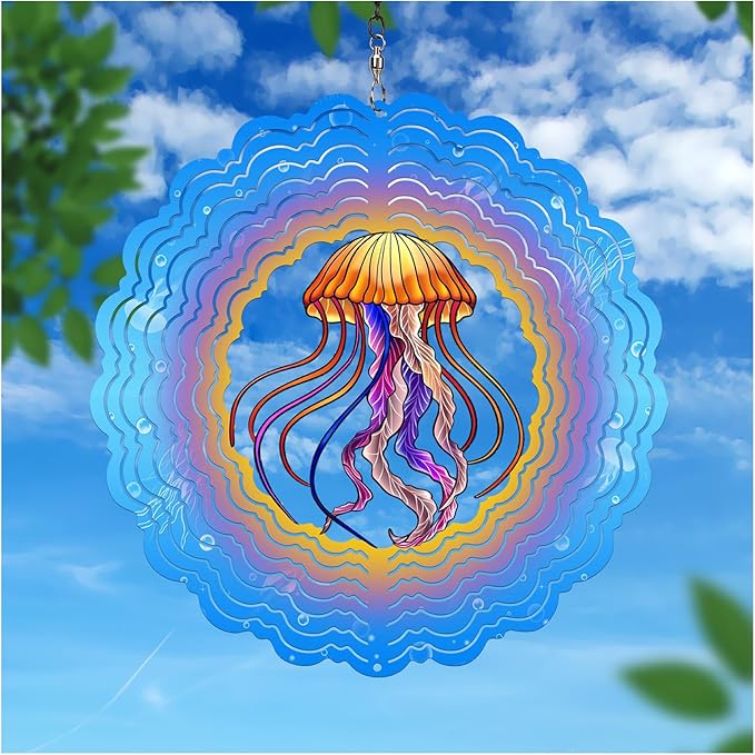 AITENISEN Jellyfish Wind Spinners, 12 inch 3D Stainless Steel Hanging Wind Spinner, Kinetic Sculpture, Blue, Marine Life, Garden Decor
