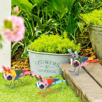 Metal Yard Art Garden Decor, Cute Locust Lawn Ornament Backyard Decorations Animal Hanging Flower Pot and Vase Hugger, 3D Garden Sculptures & Statues, Gifts for Grandma Mom - Set of 3