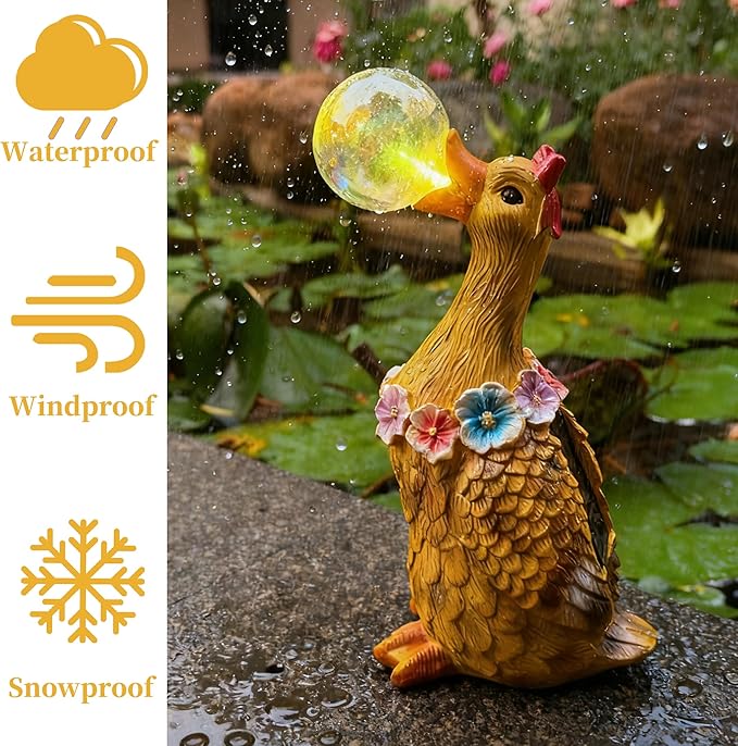Solar Garden Duck Statue with LED Lights, Waterproof Outdoor Decor for Patio Lawn Yard, Cute Resin Duck Ornament with Unique Bubble Design, Ideal Gift for Women Mom-Orange