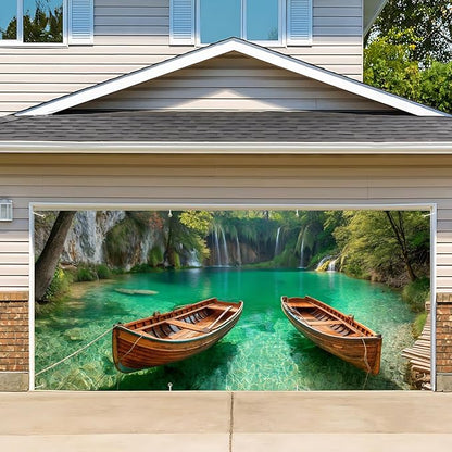 13x6 ft Serene Canoe Lake Garage Door Banner - Calm Forest Reflection Backdrop, Hanging Garage Decorations - for Fall Thanksgiving Family Gathering Background, Rustic Outdoor Wall Sign