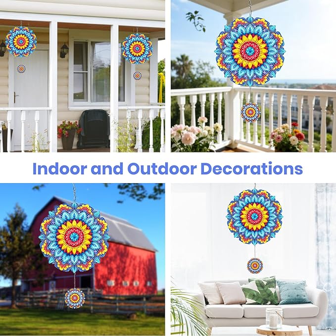 MXJSUA Mandala Flowers Wind Spinners for Indoor Outdoor Garden Decoration, 12 Inch Mandala Stainless Steel Hanging Wind Spinners Ornaments Crafts for Gifts