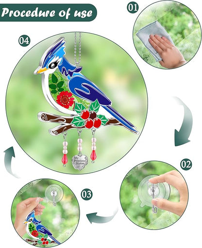 KY&BOSAM Blue Bird Suncatcher My Precious Sister Gift Glass Sun Catchers for Window Hainging Wind Chime Ornament with Real Flower and Metal Charm Birthday Gifts for Women Sister Mother's Day Christmas