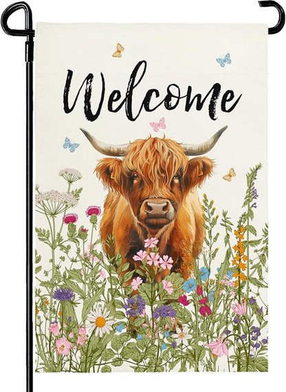 Welcome Spring Highland Cow Garden Flag Highland Cow with Flowers Burlap Yard Flag Seasonal Summer Bull Butterfly House Banner for Farmhouse Rustic Holiday Outdoor Decor 12x18 Inch