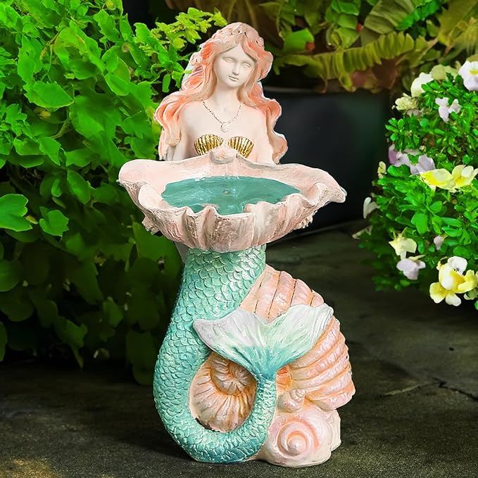 Teaeeno Solar Mermaids Birdbath Garden Decor: Outdoor Statues Ornaments for Outside Decorations Yard Art Lawn Porch Patio Balcony - Birthday Gifts for Mom Grandma Women Lover