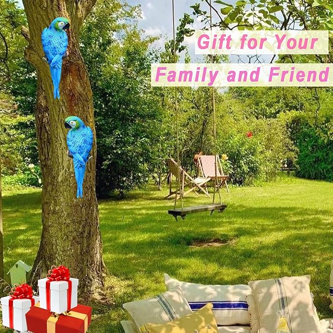 Large Parrot Decor Outdoor Tiki Bar Decoration, 12.5" Fake Birds Wall Art for Tropical Hawaiian Pool Decor, Resin Hanging Realistic Macaw Statue for Patio, Fence, Plam Tree, Yard, Garden, Deck(Blue)