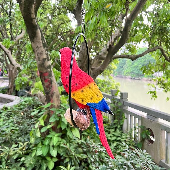 Hanging Scarlet Macaw Parrot Perching on Branch in Metal Round Ring for Home Patio Garden Decor 16" H (Red and Yellow)