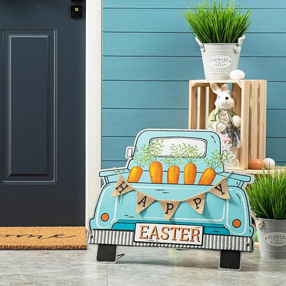 Glitzhome 26"H Easter Metal Truck Yard Stake Standing Lawn Garden Patio Outdoor Sign Wall Decor