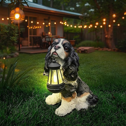 Cavalier King Charles Spaniel Garden Statue with Solar Lantern, Realistic Dog Sculpture, Birthday Gift for Women Mom Grandma, Housewarming Gift for New Home, Outdoor Resin Puppy Decor,Black & White
