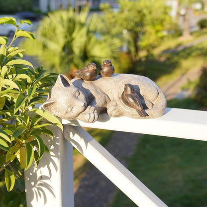 Sleeping Cat Garden Statues Outdoor - 12" Sparrows On Cat Figurine Memorial Statue Grave Markers Garden Resin Statues for Outdoor Decor Outdoor Statue Resin 12" x 8" x 4.5"