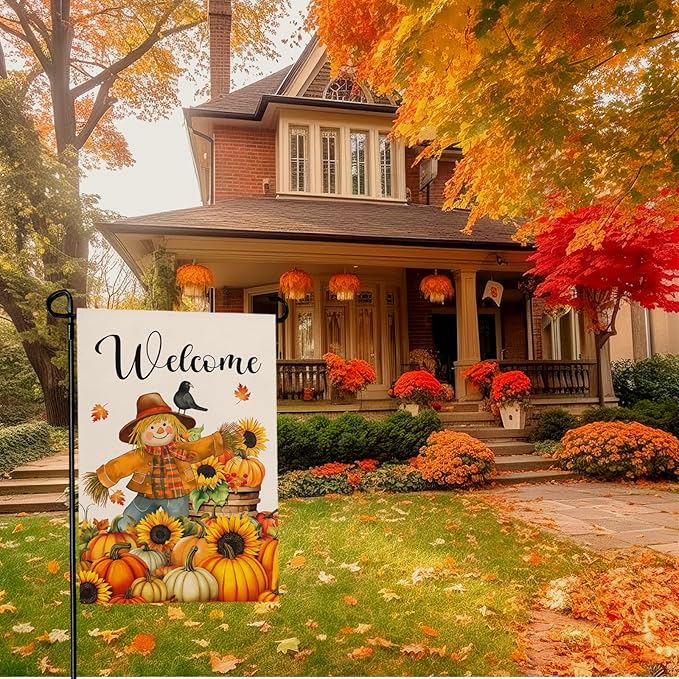 Fall Scarecrow Garden Flag Welcome Pumpkin Yard Flag Auttumn Suflower Bird Maple Leaves Garden Flags Thanksgiving Seasonal Farmhouse Rustic House Banner for Outside Patio Decor 12 x 18 Inch