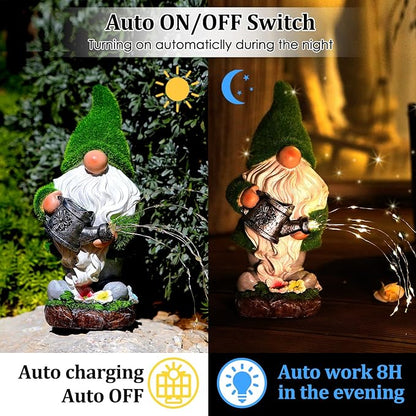 VChymm Flocked Solar Garden Gnomes Outdoor Statues-11.8‘’Outdoor Garden Decor-LED Outdoor Decor Light-Unique Housewarming Gifts Yard Art Sculptures for Patio Lawn Ornaments