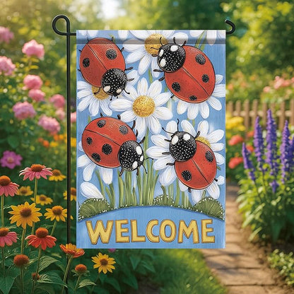 Spring Summer Garden Flag 12x18 Inch Ladybug Welcome Daisy Floral Design Outdoor Yard Porch Lawn Garden for Seasonal Farmhouse Country Home Decor